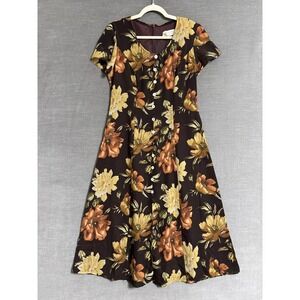 Vintage Petite Sophisticate Dress L Petite Brown Yellow Floral A Line Midi 90s